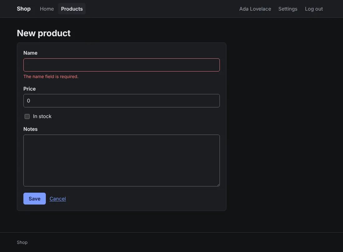 The new-product form with its errors, starter theme, dark