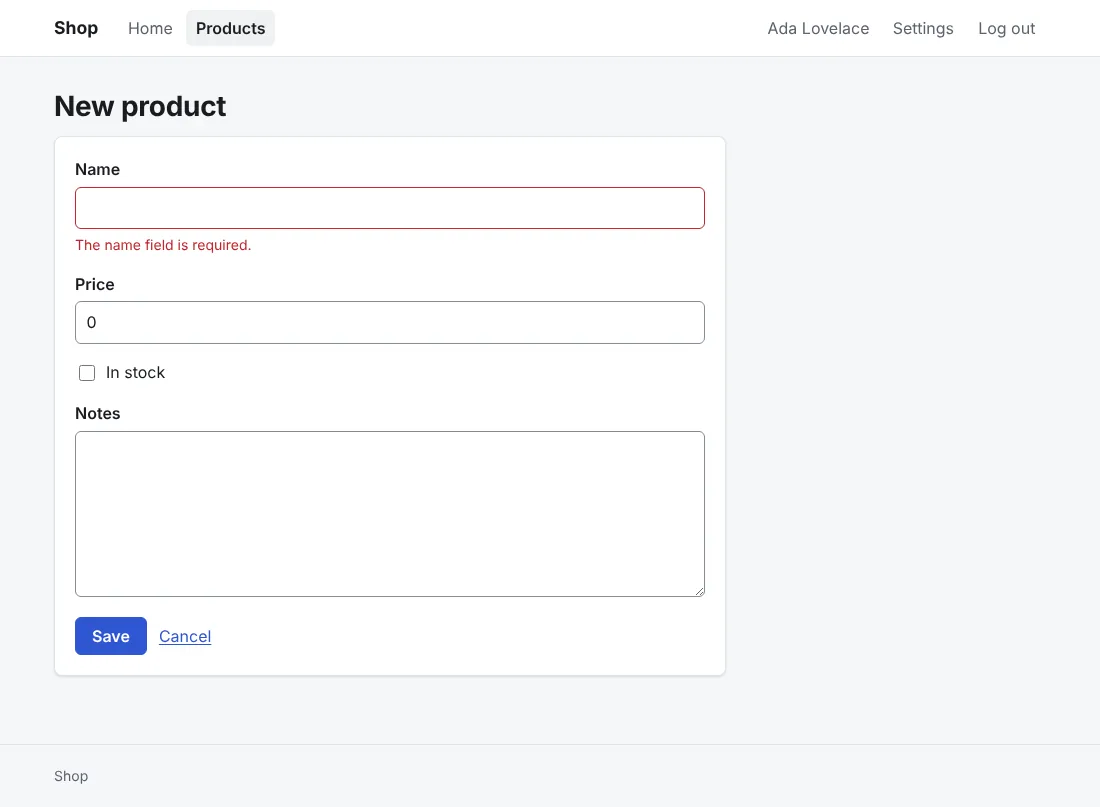 The new-product form with its errors, starter theme