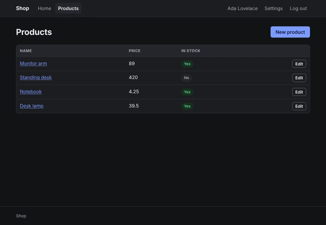 The products list with the starter theme, dark