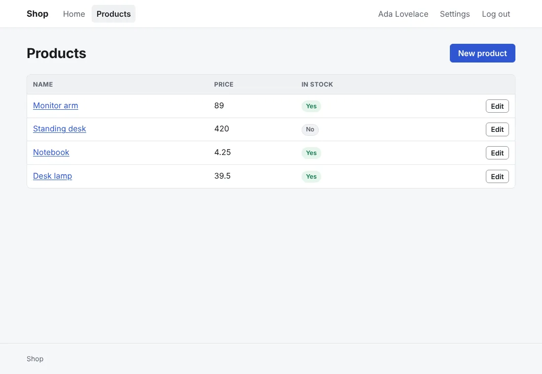 The products list with the starter theme, light
