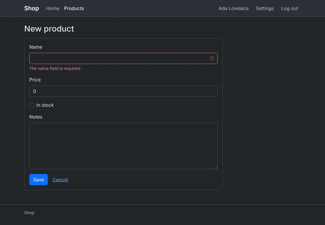 The new-product form with its errors, Bootstrap, dark