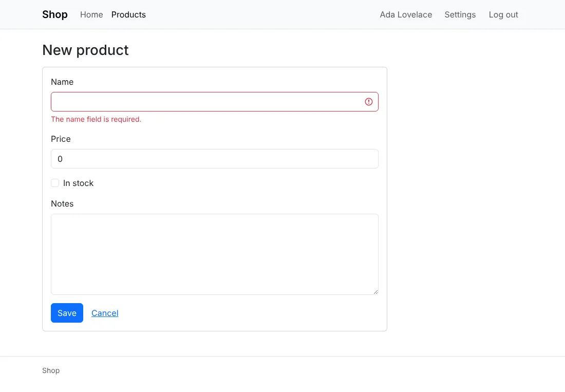 The new-product form with its errors, Bootstrap