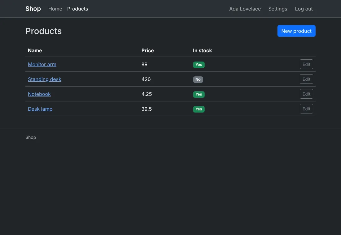 The products list with Bootstrap, dark