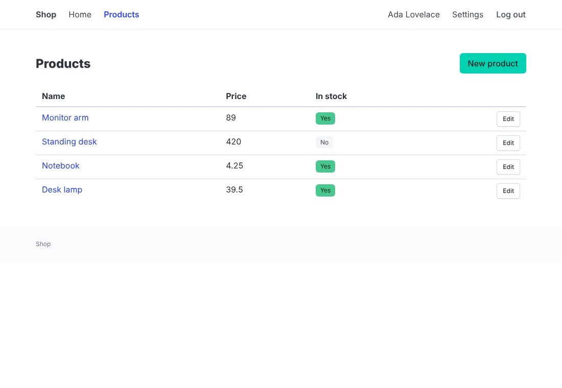 The products list with Bulma, light