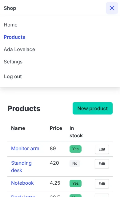 The header’s menu open on a phone, Bulma