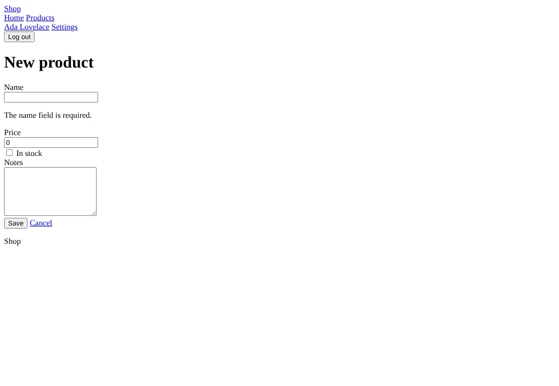 The new-product form with its errors, without styles