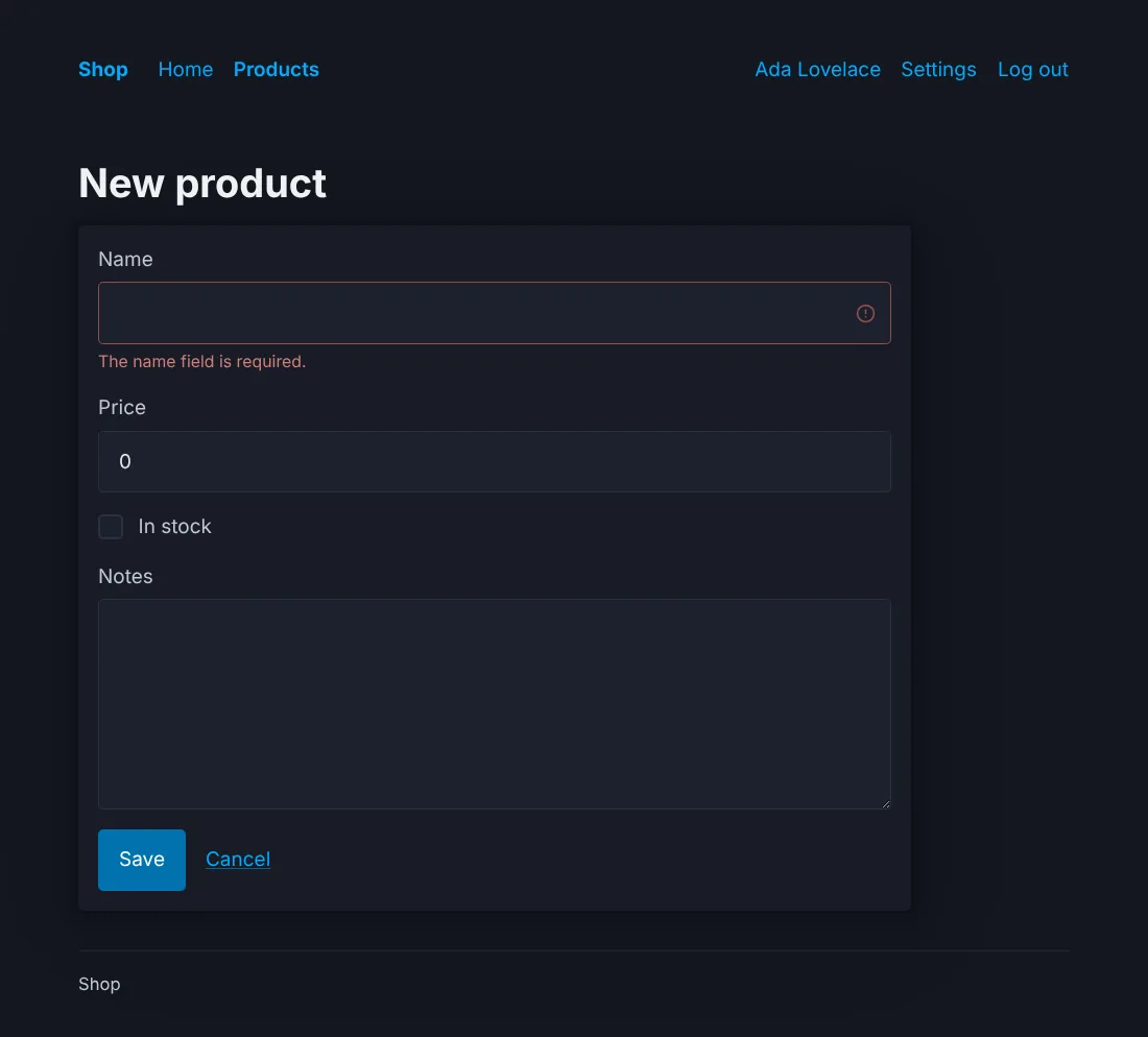 The new-product form with its errors, Pico, dark