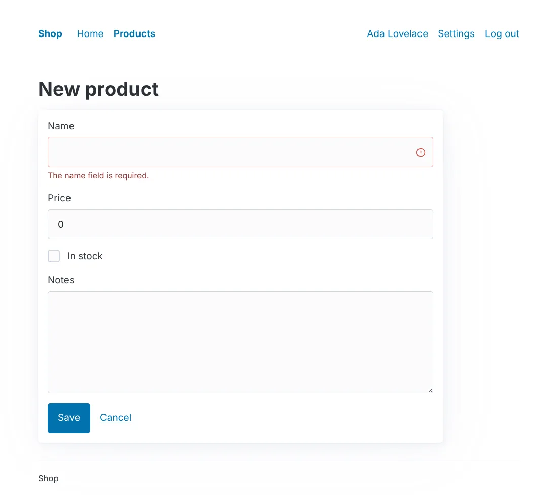 The new-product form with its errors, Pico