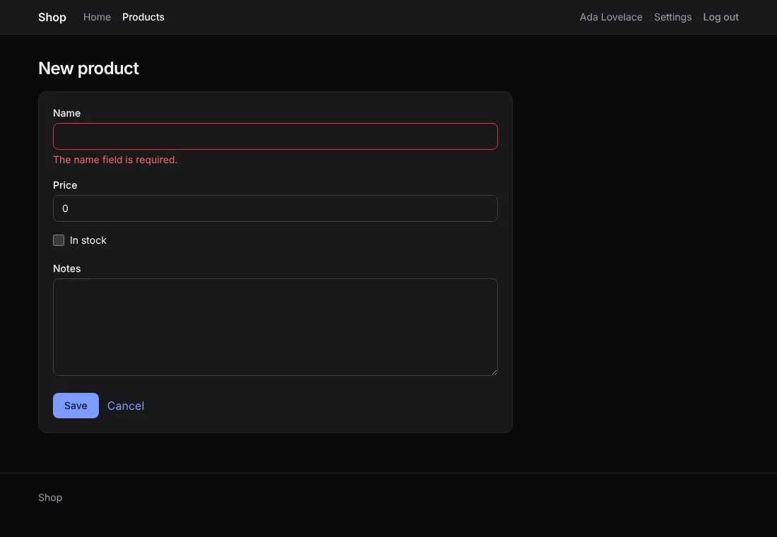 The new-product form with its errors, Tailwind CSS, dark
