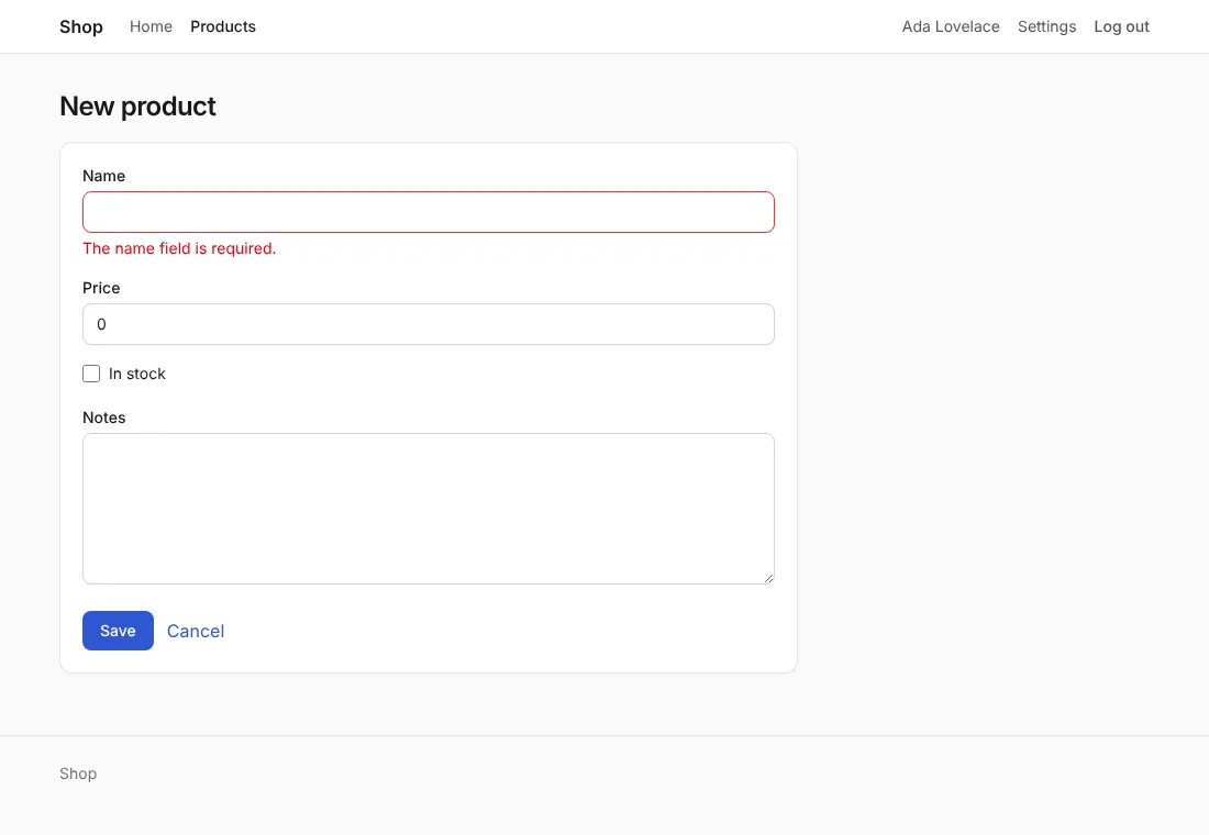 The new-product form with its errors, Tailwind CSS