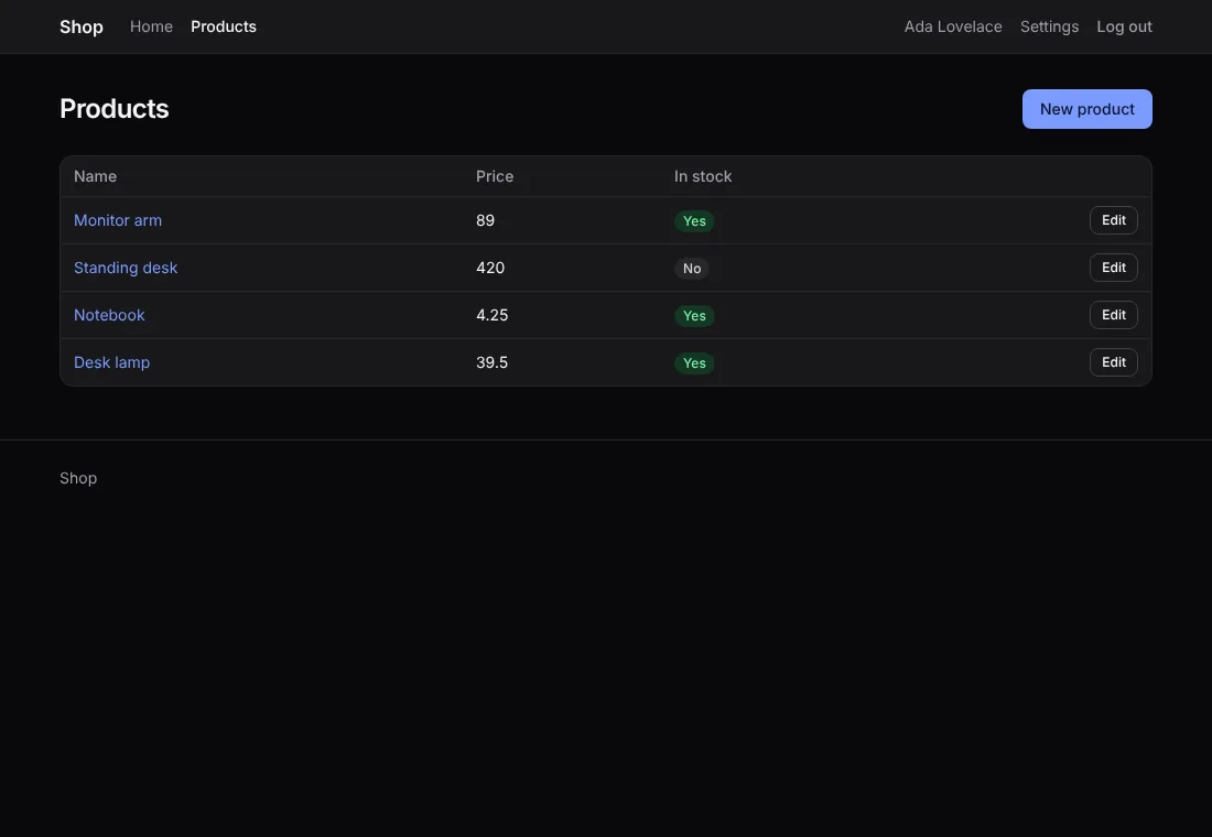 The products list with Tailwind CSS, dark